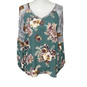 ODDY Teal Floral Blouse, Unique Sleeves, NWT, Boutique, Size Med